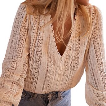 Women's Summer Fall Casual Lantern Long Sleeve Lace Shirt V Neck Solid Color Top Elegant Blouse