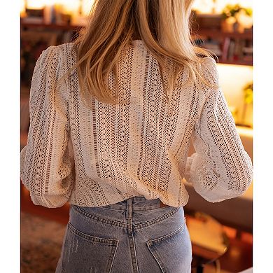 Women's Summer Fall Casual Lantern Long Sleeve Lace Shirt V Neck Solid Color Top Elegant Blouse
