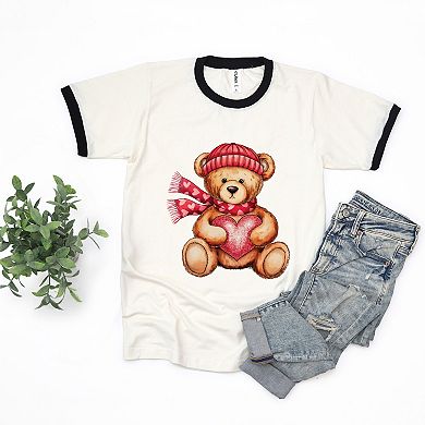 Valentine Teddy Bear Beanie - Women's Ringer Graphic T-Shirt