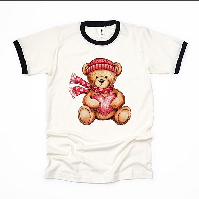 Valentine Teddy Bear Beanie - Women's Ringer Graphic T-Shirt