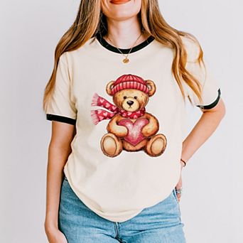 Valentine Teddy Bear Beanie - Women's Ringer Graphic T-Shirt