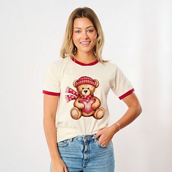 Valentine Teddy Bear Beanie - Women's Ringer Graphic T-Shirt