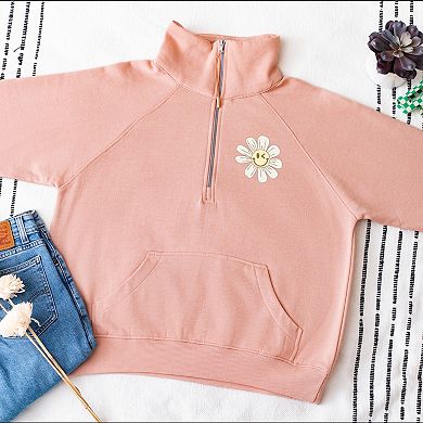 S.W.Smiley Blooming Daisies - Women's Quarter Zip Fleece Graphic Sweatshirt