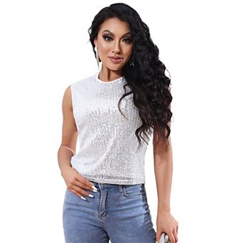 Sequin Tank Tops For Women Sleeveless Sparkle Shimmer Round Neck Vest Tops Glitter Camisole Vest
