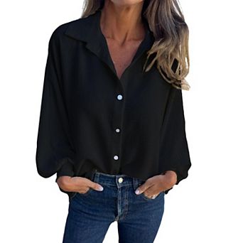 Women's Summer Fall Casual Long Sleeve Shirt Collared Button Down Workwear Top Classic Blouse