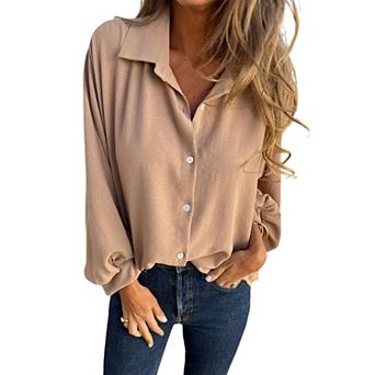 Women's Summer Fall Casual Long Sleeve Shirt Collared Button Down Workwear Top Classic Blouse