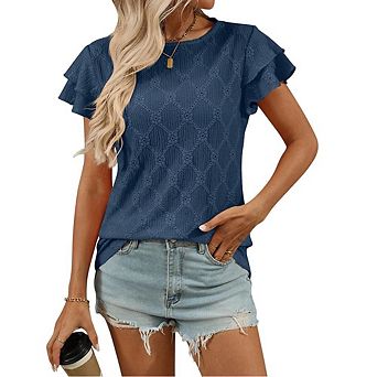 Women's Summer Casual Double Layer Short Sleeve T-Shirt Hollowed Out Top Round Neck Fashsion Casual
