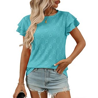 Women's Summer Casual Double Layer Short Sleeve T-Shirt Hollowed Out Top Round Neck Fashsion Casual