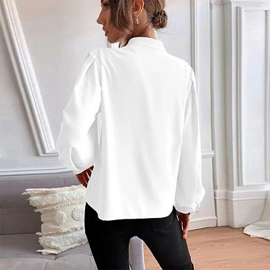 Women's Elegant Solid Color Collared Long Sleeve Button - Down Shirt, Loose Fit Blouse