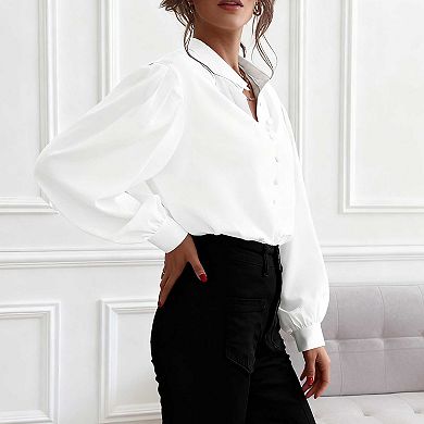 Women's Elegant Solid Color Collared Long Sleeve Button - Down Shirt, Loose Fit Blouse