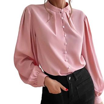 Women's Elegant Solid Color Collared Long Sleeve Button - Down Shirt, Loose Fit Blouse