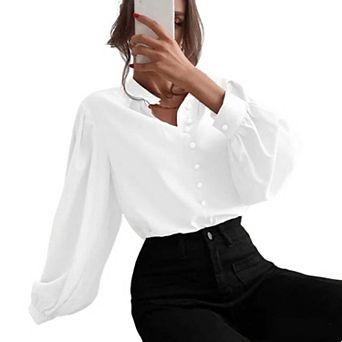 Women's Elegant Solid Color Collared Long Sleeve Button - Down Shirt, Loose Fit Blouse