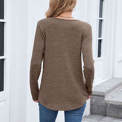 Women's Summer Fall Casual Long Sleeve T-Shirt V-Neck Loose Fit Solid Color Daily Top Soft Blouse