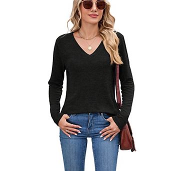 Women's Summer Fall Casual Long Sleeve T-Shirt V-Neck Loose Fit Solid Color Daily Top Soft Blouse
