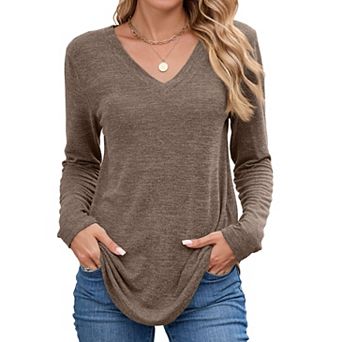 Women's Summer Fall Casual Long Sleeve T-Shirt V-Neck Loose Fit Solid Color Daily Top Soft Blouse
