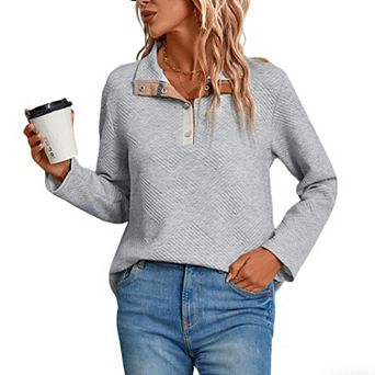 Women's Fall Long Sleeve Lapel Collared Pullover Sweatshirt Casual Shirt Buttoned Neck Top Blouse