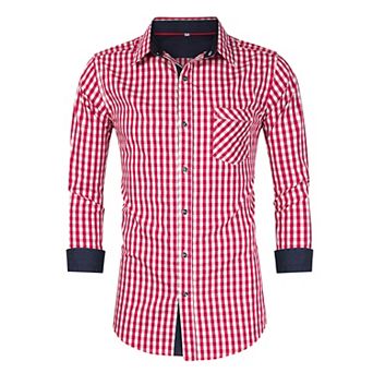 Men's Classic Checkered Shirt Color Block Button-Down Roll-Up Sleeves for Casual & Festival Wear