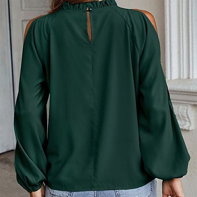 Women's Cold Shoulder Blouse Ruffle Mock Neck Long Lantern Sleeve Shirt Four Seasons Top