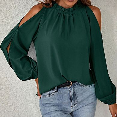 Women's Cold Shoulder Blouse Ruffle Mock Neck Long Lantern Sleeve Shirt Four Seasons Top