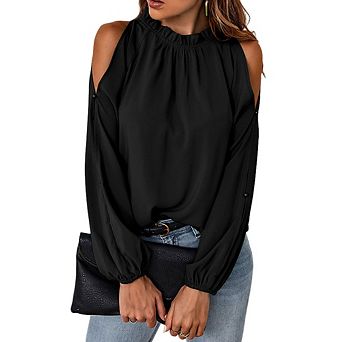 Women's Cold Shoulder Blouse Crew Neck Long Lantern Sleeve Shirt Four Seasons Top
