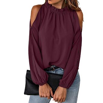 Women's Cold Shoulder Blouse Ruffle Mock Neck Long Lantern Sleeve Shirt Four Seasons Top