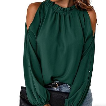 Women's Cold Shoulder Blouse Crew Neck Long Lantern Sleeve Shirt Four Seasons Top