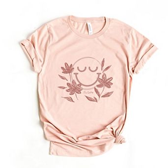 S.W.Smiley Pink Flowers Outline - Women's Short Sleeve Graphic T-Shirt