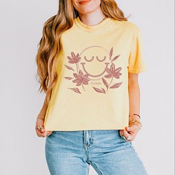 S.W.Smiley Pink Flowers Outline - Women's Boxy Crop Top Graphic T-Shirt