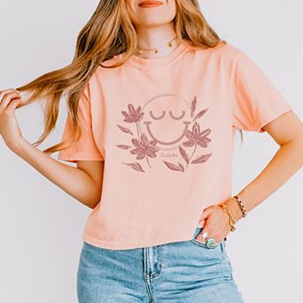 S.W.Smiley Pink Flowers Outline - Women's Boxy Crop Top Graphic T-Shirt
