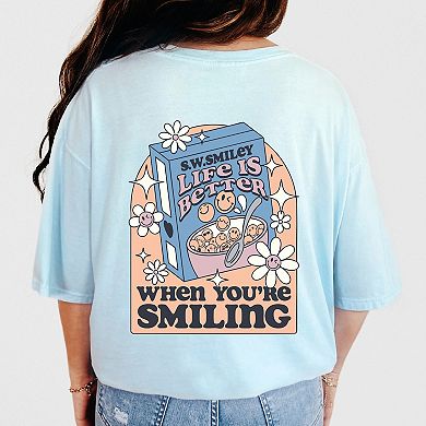S.W.Smiley Life Is Better Cereal - Women's Garment Dyed Graphic T-Shirt
