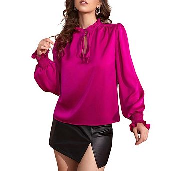 Womens Crewneck Long Sleeve Tie Neck Satin Blouse Smocked Cuff Shirt