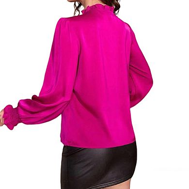 Womens Crewneck Long Sleeve Tie Neck Satin Blouse Smocked Cuff Shirt