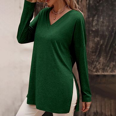 Women's Summer Fall Long Sleeve Split Hem T-Shirt Loose Fit V Neck Top Versatile Basic Casual Blouse