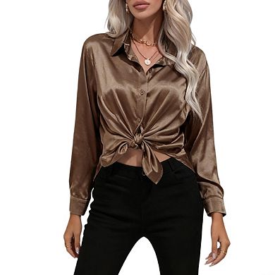 Womens Long Sleeve Collar Button Down Elegant Shirt Blouse
