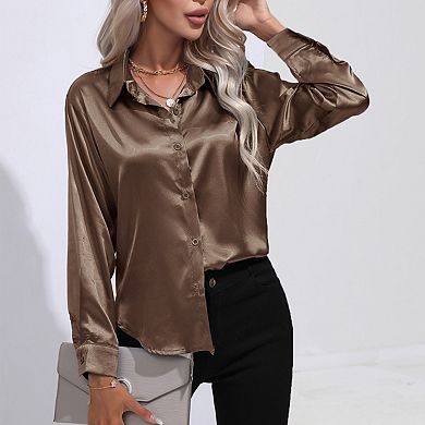 Womens Long Sleeve Collar Button Down Elegant Shirt Blouse