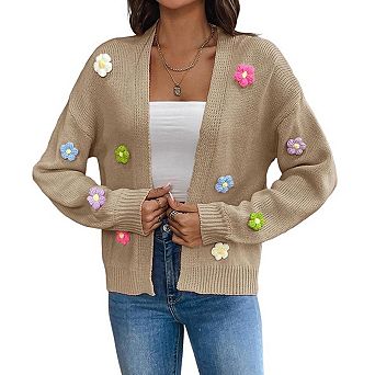 Sweaters Cardigan for Women Long Sleeve V-Neck Button Crochet Flower Knit Womens Clothes