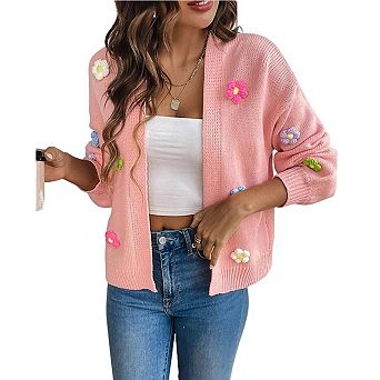 Sweaters Cardigan for Women Long Sleeve V-Neck Button Crochet Flower Knit Womens Clothes