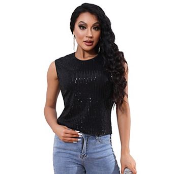 Sequin Tank Tops For Women Sleeveless Sparkle Shimmer Round Neck Vest Tops Glitter Camisole Vest