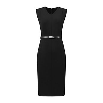Women's Sleeveless Funeral Dress V-Neck Office Sheath Dresses with Belt