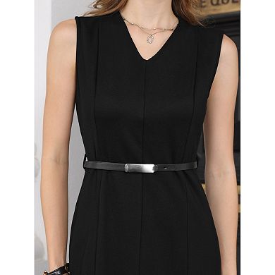 Women's Sleeveless Funeral Dress V-Neck Office Sheath Dresses with Belt