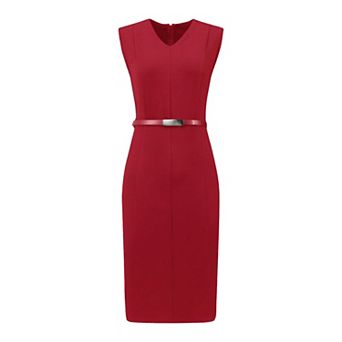 Women's Sleeveless Funeral Dress V-Neck Office Sheath Dresses with Belt