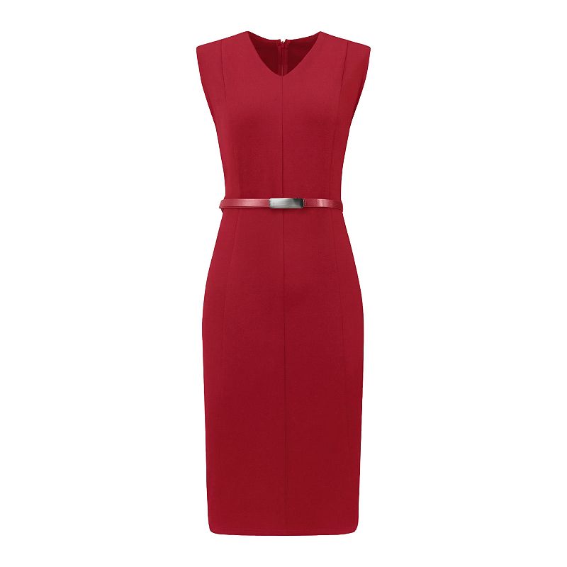 Women's Sleeveless Funeral Dress V-Neck Office Sheath Dresses with Belt