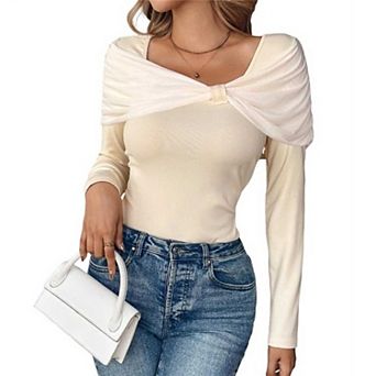 Women's French U - Neck Off - Shoulder Knit Top with Butterfly Knot, Slim Fit Long Sleeve Blouse