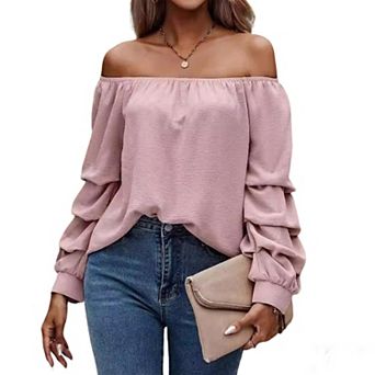 Women's Summer Fall Off Shoulder Ruched Long Sleeve Shirt Elegant Loose Fit Top Fashion Blouse
