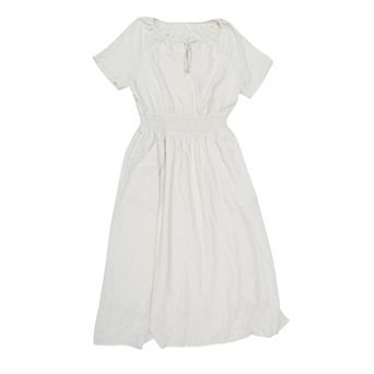 Women's Summer Casual Dress Smocked Waist Short Sleeve Tie Neck A-line Flowy Beach Midi Dresses