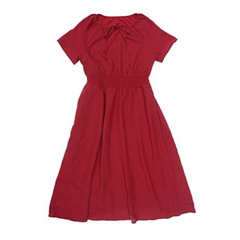 Women's Summer Casual Dress Smocked Waist Short Sleeve Tie Neck A-line Flowy Beach Midi Dresses