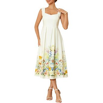 Women's Vintage 50s Dress Cocktail Sleeveless Square Neck Midi Floral A-Line Dresses
