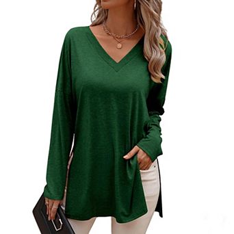 Women's Summer Fall Long Sleeve Split Hem T-Shirt Loose Fit V Neck Top Versatile Basic Casual Blouse