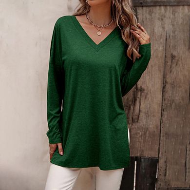 Women's Summer Fall Long Sleeve Split Hem T-Shirt Loose Fit V Neck Top Versatile Basic Casual Blouse