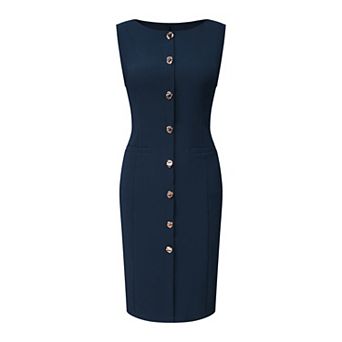 Women's Sleeveless Pencil Dress Boat Neck Button Decor Work Office Sheath Dresses with Pockets